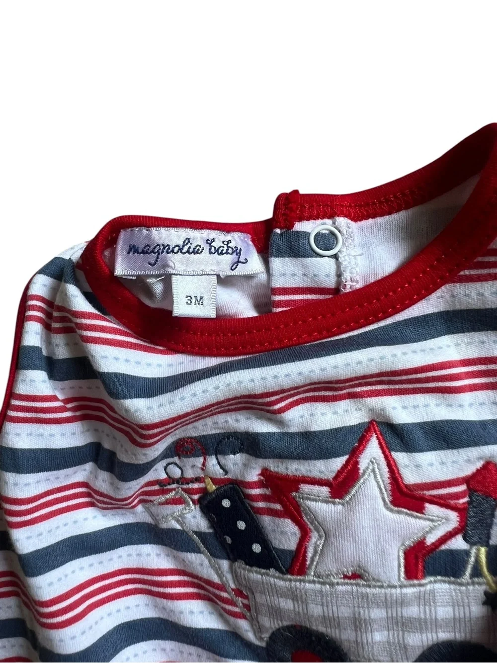 Magnolia Striped Baby Romper in Red, Navy and White with Star Wagon Detail